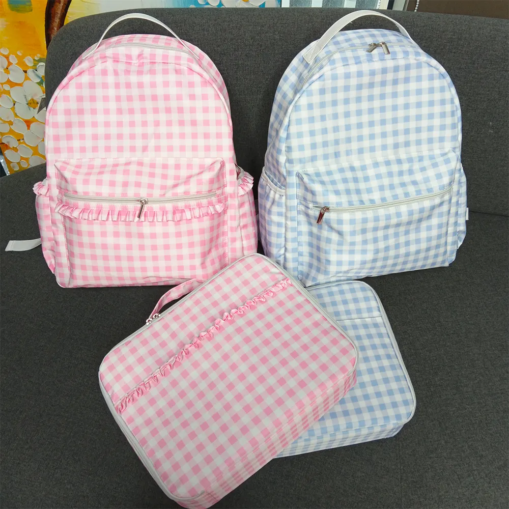 Sublimation Children Toddler Kids Ruffles Lunch Book Bags Back to School Pink Blue Gingham Nylon Backpack