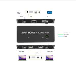 <strong>KVM</strong> <strong>Switch</strong> <strong>2</strong> Port USB C to Displayport With 3xUSB2.0 8K@60Hz 4K@144Hz Thunderbolt 3/4 DP1.4 for Monitor Mouse Keyboard Printer