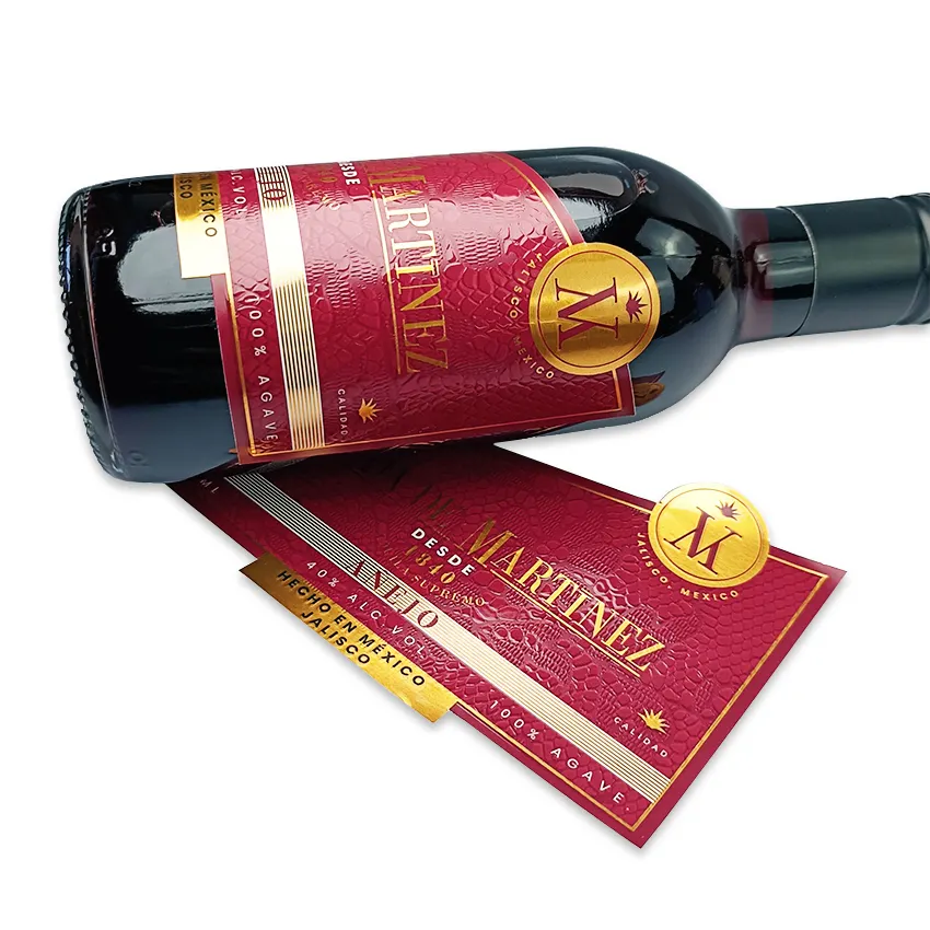 Etichetta di stampa del pacchetto di bottiglie adesive per liquori di vino rosso con adesivo strutturato personalizzato in rilievo verniciato personalizzato