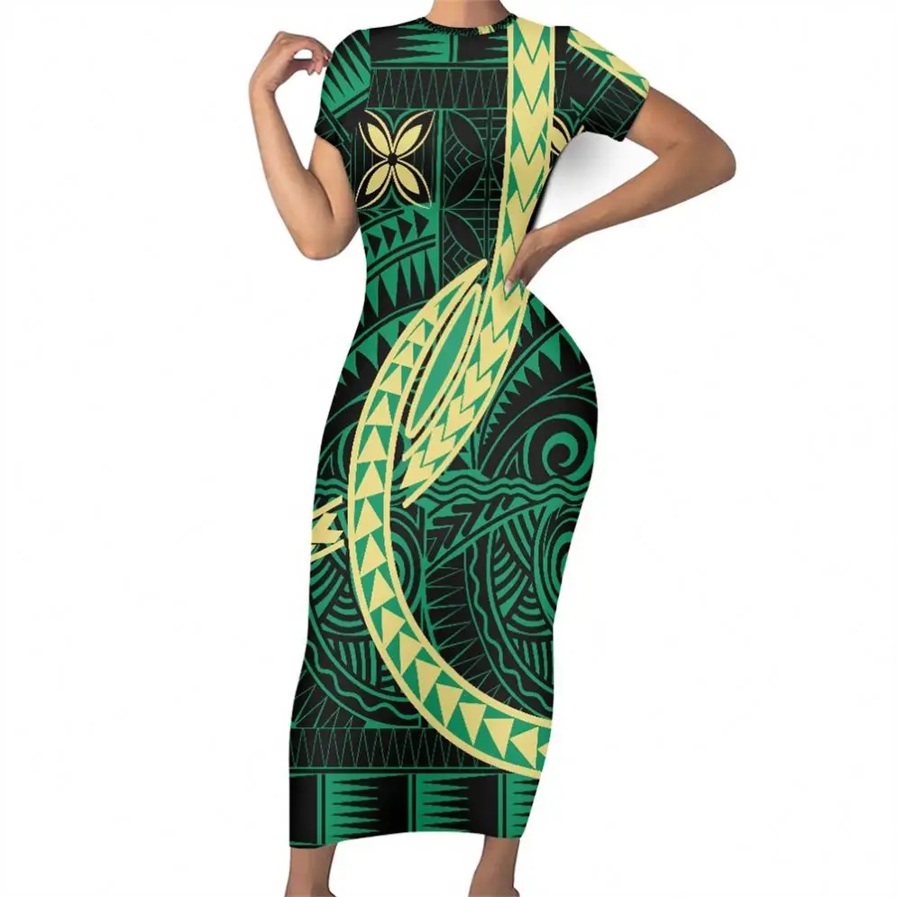 Vestidos de noche con estampado polinesiano para mujer, vestido largo informal con estampado floral, estampado floral, patrón verde Tribal de Samara, 2023