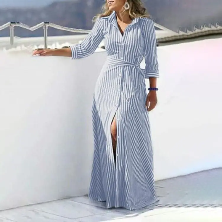 Vestido largo informal de manga larga con solapa para mujer, traje a rayas con botones y botones, talla grande, 2023