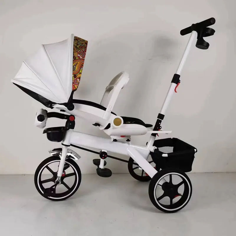 Vente en gros en ligne tricycle bébé 4 en 1 avec barre de poussée tricycle bébé avec auvent voiture à roulettes avec prix bas