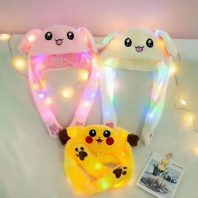 Gorro brillante con orejas de conejo para niños y niñas, divertido gorro de felpa con dibujos animados que se mueve en la oreja, con luz Led para saltar, Cosplay, fiestas y vacaciones