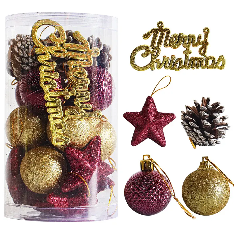 Bola de Navidad galvanoplastia + cono de pino, caja de regalo, adornos de árbol con estrella brillante de 4,5-5,5 cm, bola de plástico de Navidad
