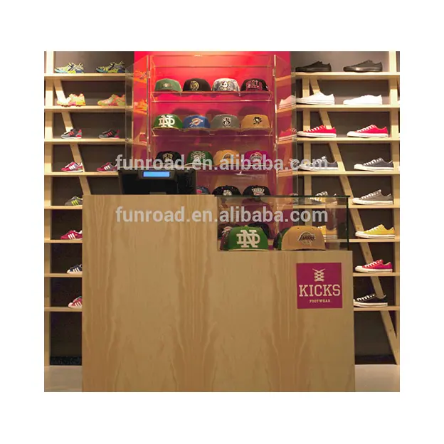 Présentoir en bois de rayonnage de chaussures de sport pour la conception unique de magasin de détail d'espadrilles