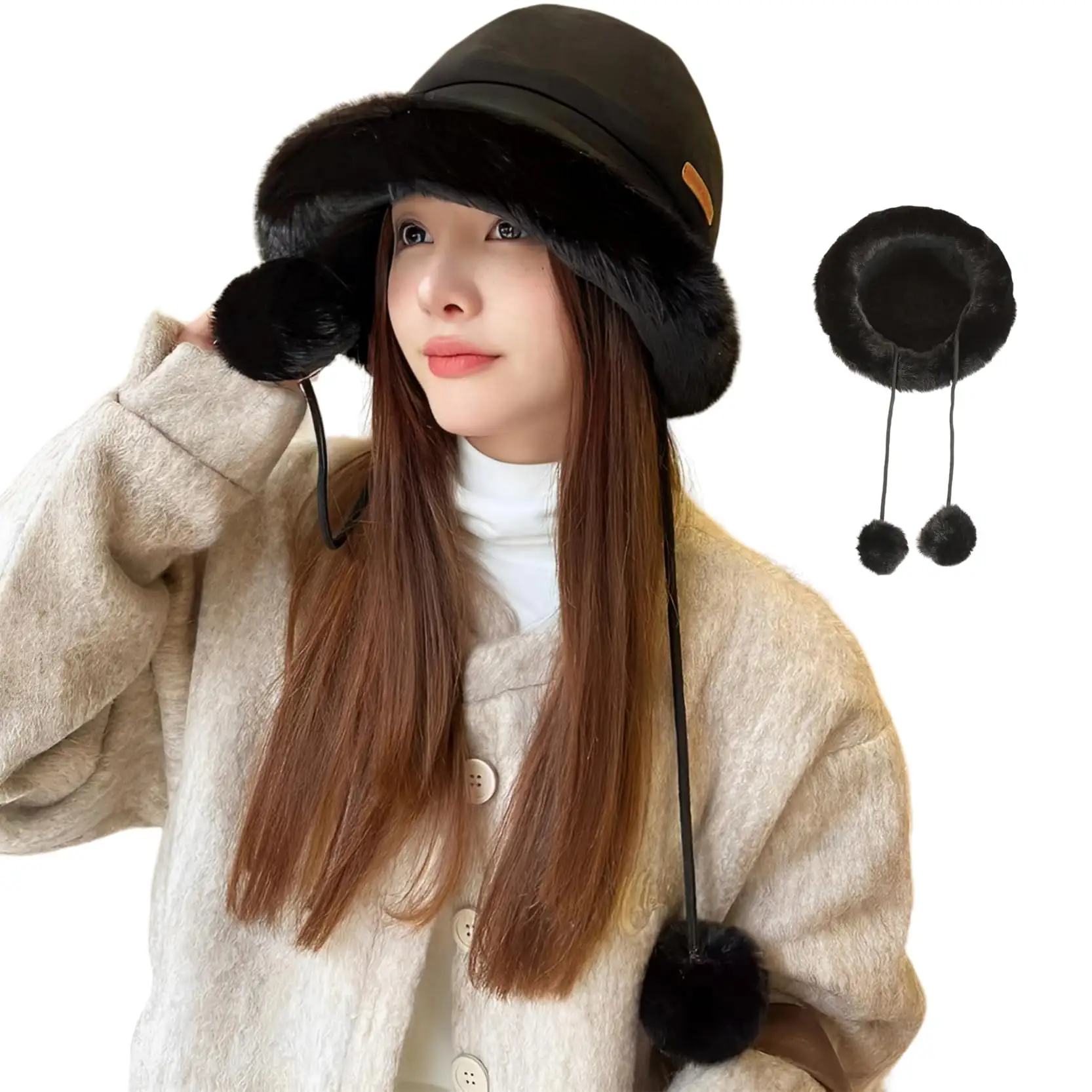 Sombrero de cubo de felpa de Invierno para mujer, sombrero de pescador grueso, protección para los oídos, bolas esponjosas colgantes para niñas, sombrero cálido de invierno