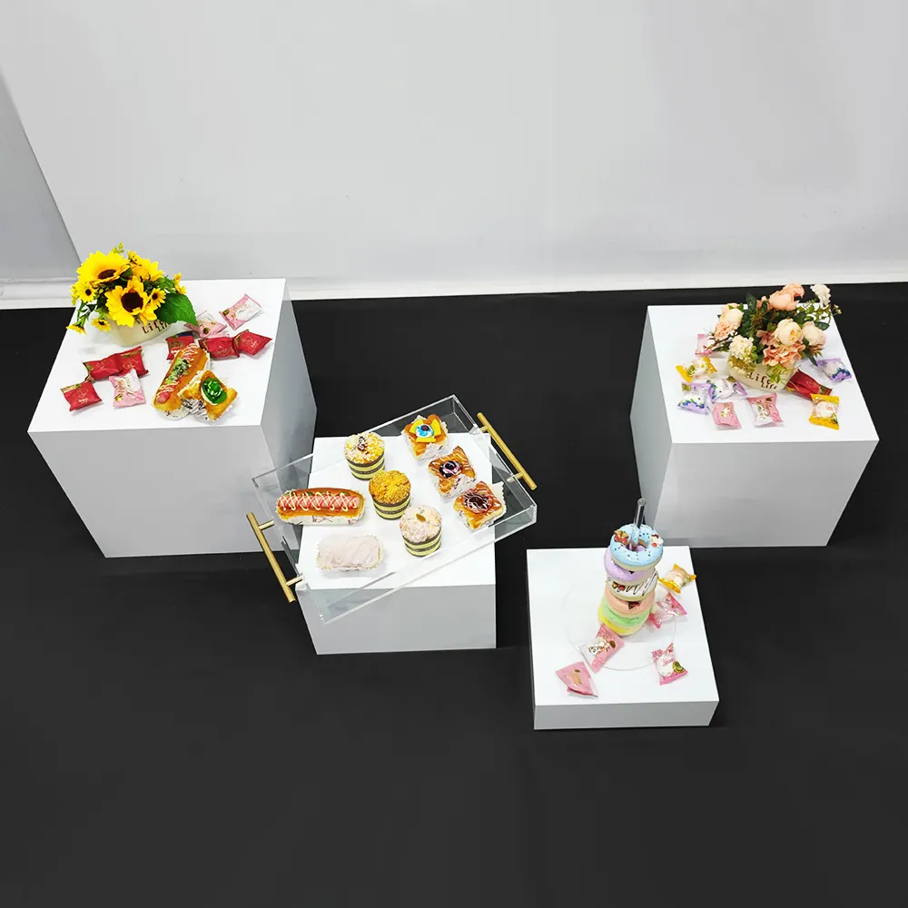 Soporte de exhibición de comida acrílica, expositor de comida acrílica de Buffet, cubos, color blanco