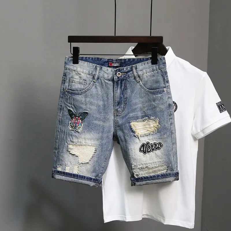 Summer men's jeans hole casual shorts washed high-quality shorts