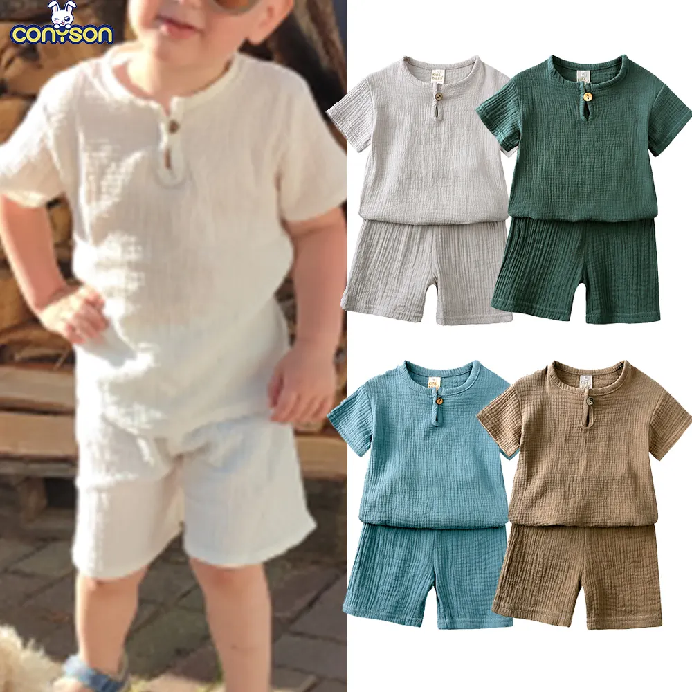 Conyson 2023 enfant en bas âge été garçon fille tenues coton lin solide T-shirt Shorts vêtements coréen décontracté respirant ensemble de vêtements