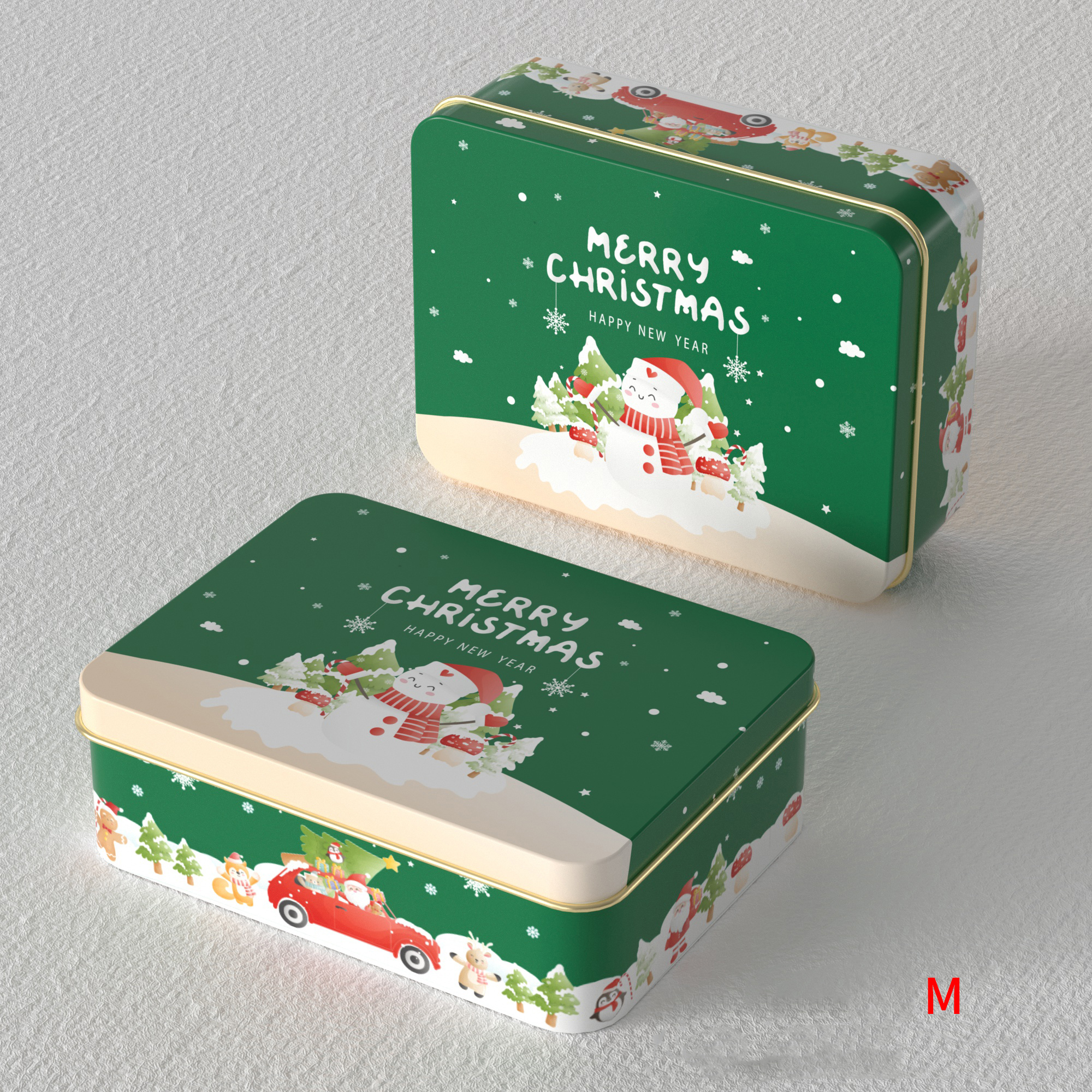 M Green tin with snowman