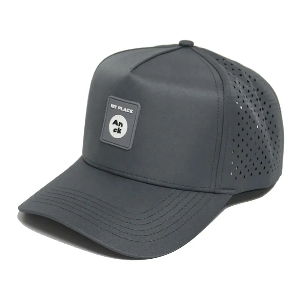 Sombrero con logotipo de etiqueta de goma de poliéster de alta calidad, sombreros de camionero de corte láser de 5 paneles, gorras de béisbol con logotipo de goma