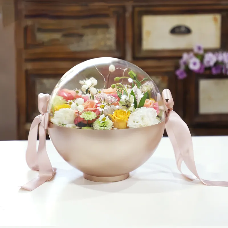 Korea Waterproof Recyclable Transparent Flower Gift Box Plastic Steel Packaging Round Flower Box