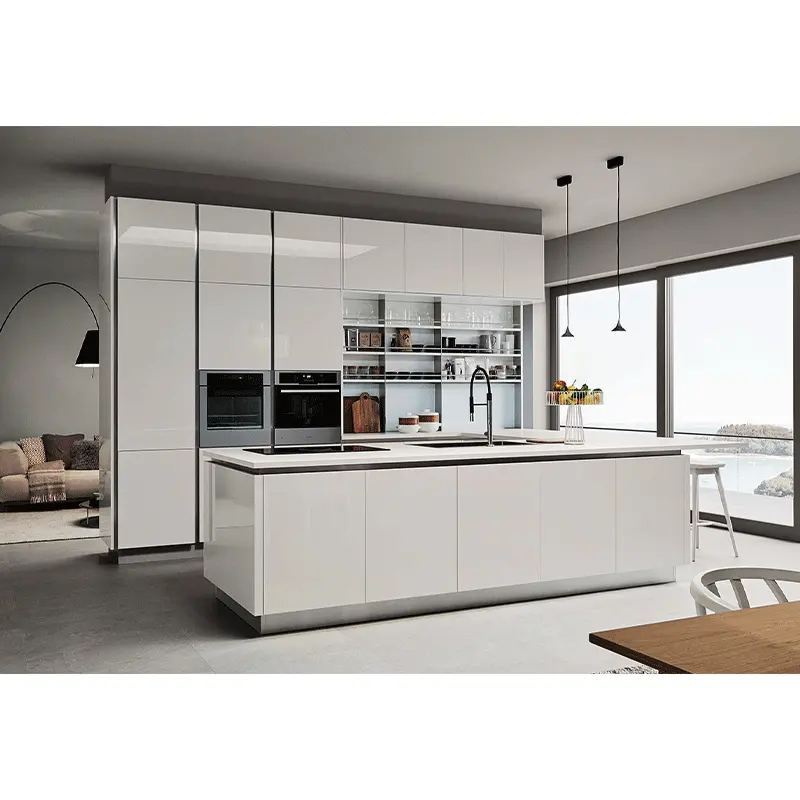 NICOCABINET çağdaş Elegance beyaz katı ahşap l-şekilli mutfak dolabı Modern 304 paslanmaz çelik Villa kontrplak MDF NCKT111