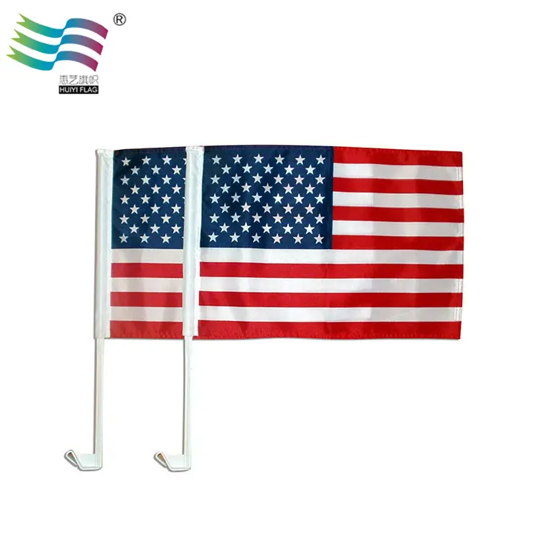 Huiyi Schnelle Lieferung Kunden spezifische gedruckte Aut ofens ter Schatten Flaggen Doppelseitige Sublimation Druck Amerika Mini Auto Flagge mit Stange