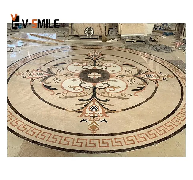 Medaglione a getto d'acqua in pietra naturale speciale pavimento intarsiato in marmo design floreale piastrelle in marmo curvo medaglione quadrato a getto d'acqua