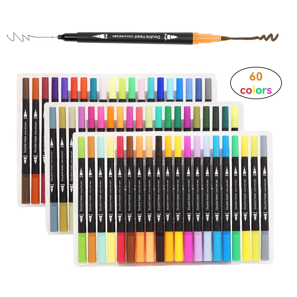 60 Colors Drawing Dual Tip Fineliner Pen Watercolor Brush Art Marker Pens Set For Students
