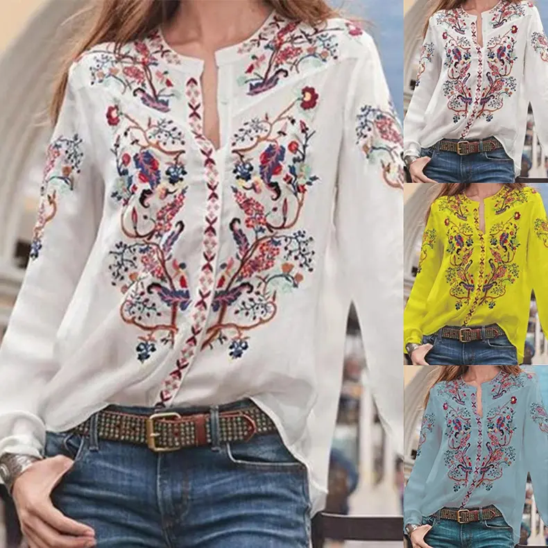 Blusa de manga larga con estampado floral para mujer, blusa con cuello levantado para verano