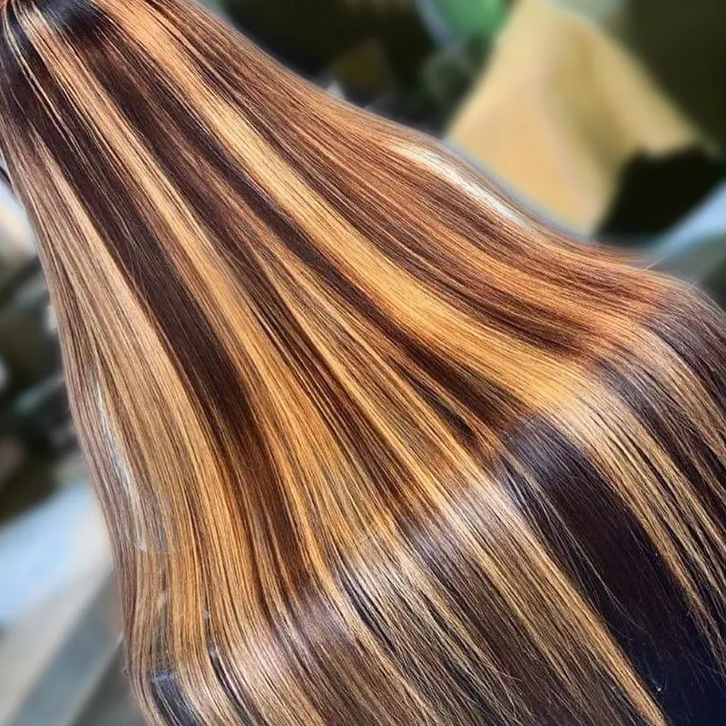 HaiYi Highlight Color 4/27 Human Hair Wig HD 13by4 Ombre Brown Honey Blonde Straight Brazilian Hair