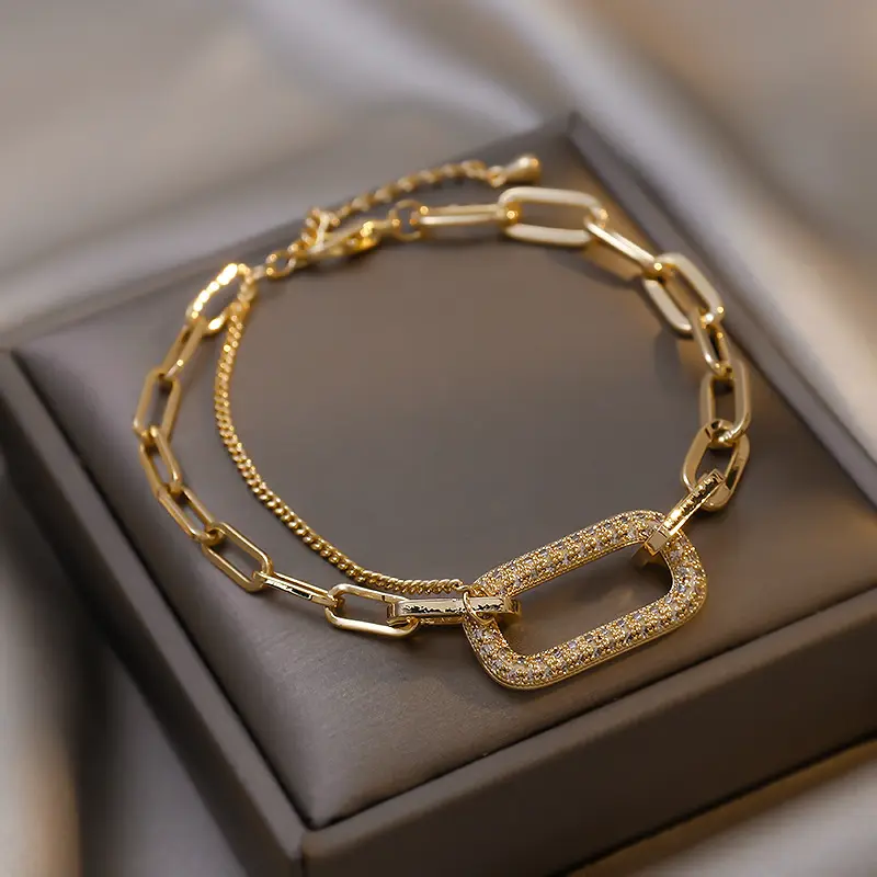 Pulsera chapada en oro y plata para mujer y niña, pulsera de cadena cubana ajustable con caja de eslabones, novedad de 2023