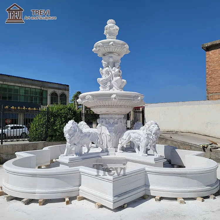 Fontana di pietra naturale in marmo leone all'aperto arte moderna enorme fontana d'acqua