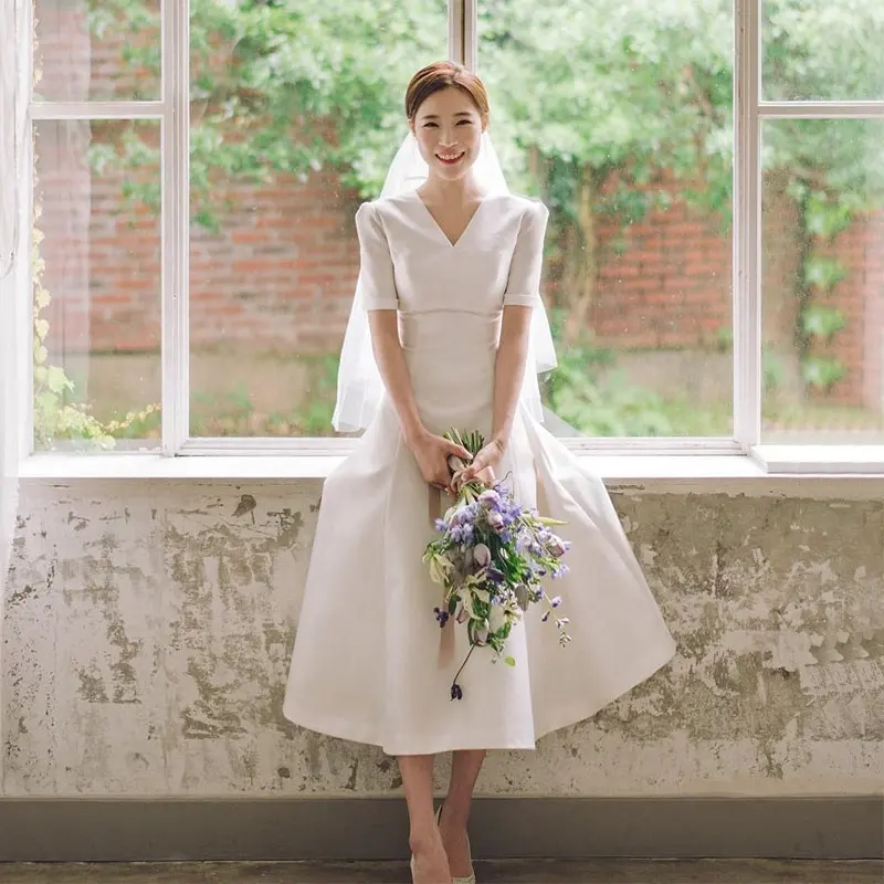 Vestido de novia de longitud de té con manga corta, novedad Corea