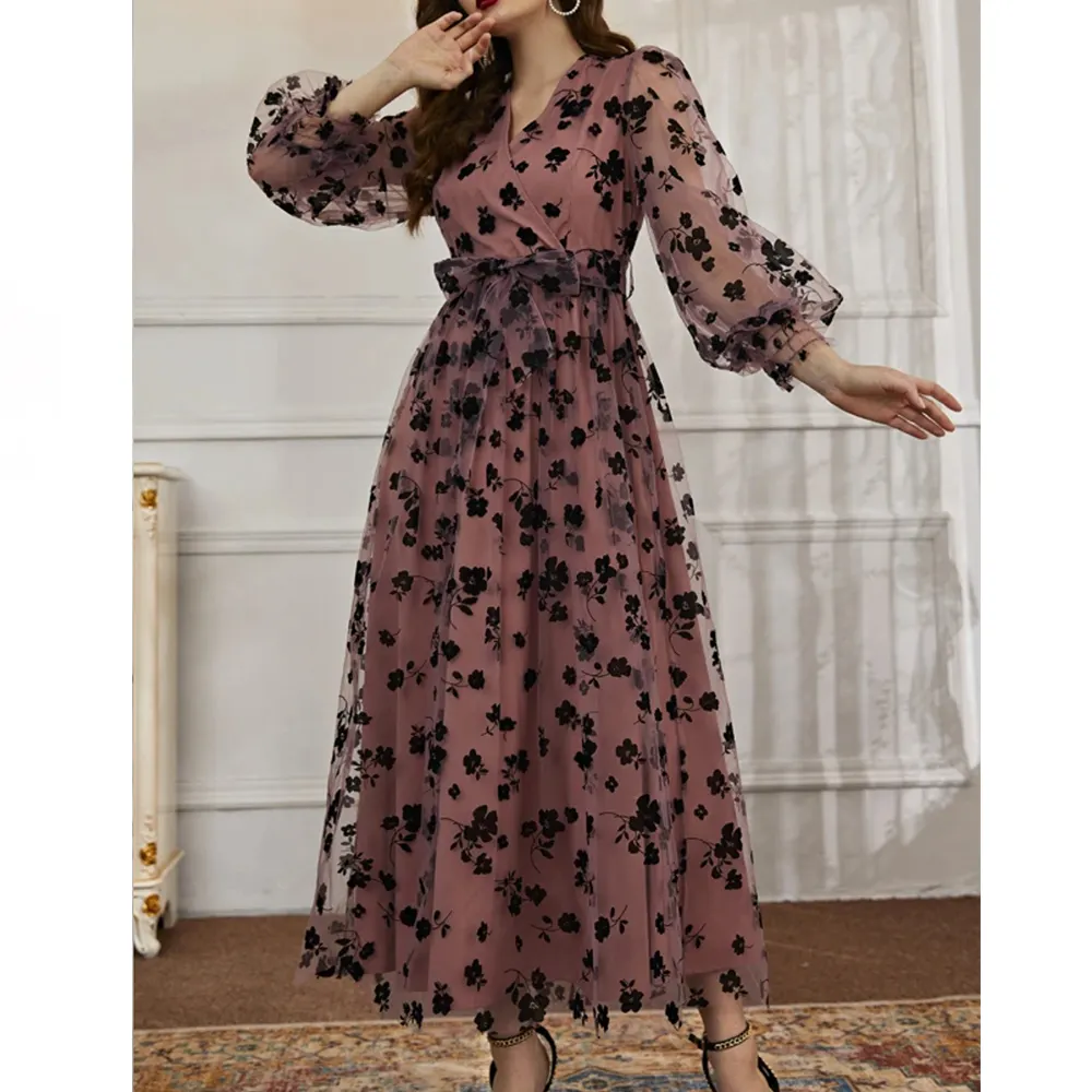 Latest Design Women's V-neck Mesh Long Sleeve Floral Print Lace Dress Mesh Evening Dress