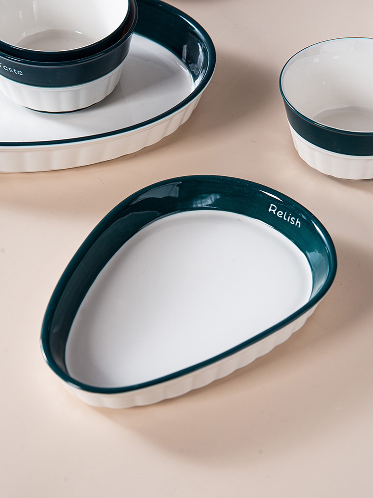 Nordic Ceramic Dinnerware Set with Dark Green Edge,pentagon plate special-shaped dinner set tableware set,plate bowl bakeware