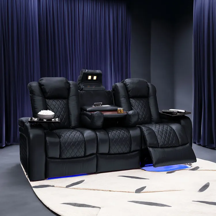 2023 lujo cuero genuino tres asientos sala de estar Cine en Casa sofá reclinable con consola y mesa de centro