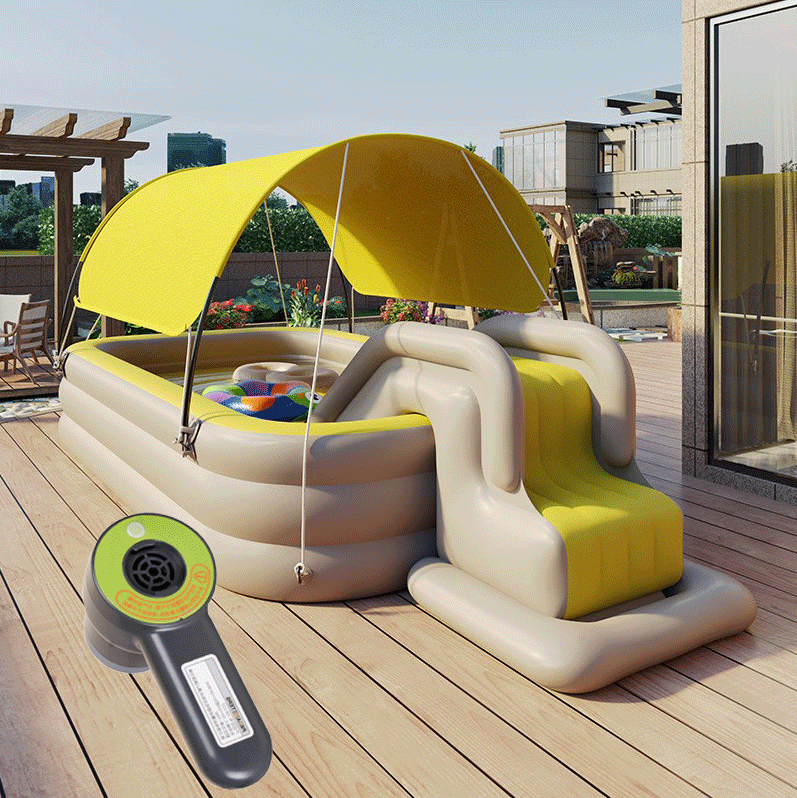 Jaune moka (piscine + auvent + toboggan + pompe électrique)