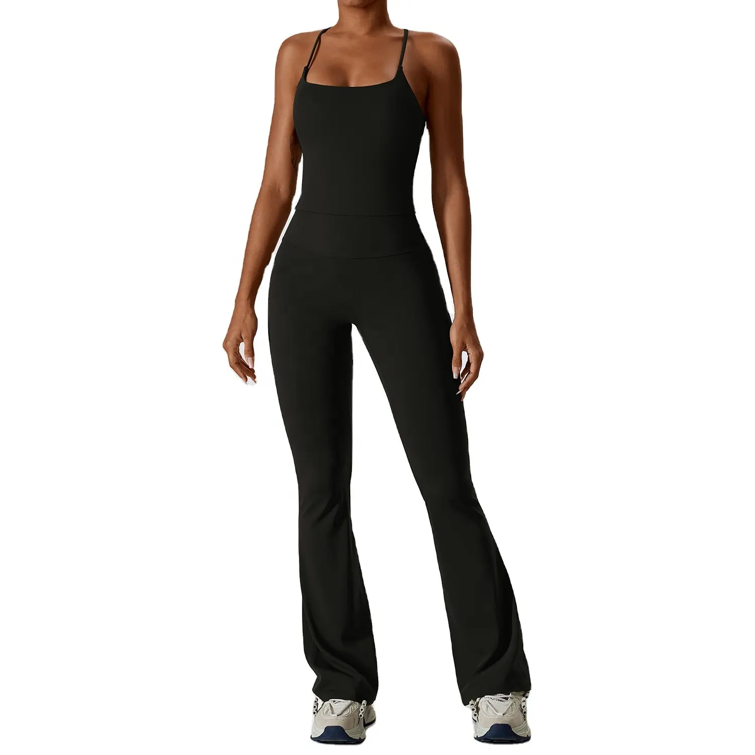 LF Wholesale hot sale sports solid color vest suits shockproof tops flared pants fitness yoga sets