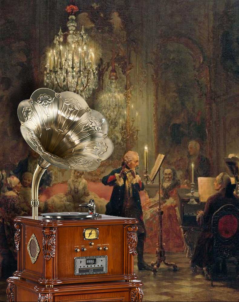 vintage design Wooden desktop record player vinyl and gramophon turntable phonograph in western style restaurant