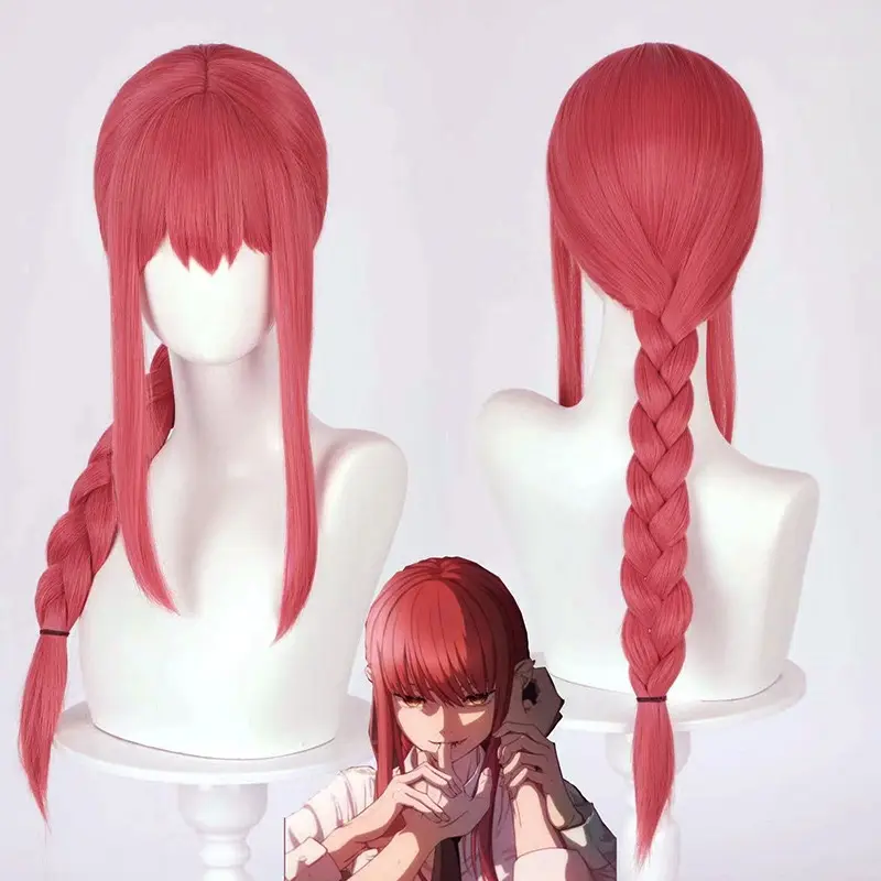 Peluca roja con trenzado para mujer, Peluca de Cosplay larga y recta con coletas, peluca de pelo sintético, disfraz para Anime