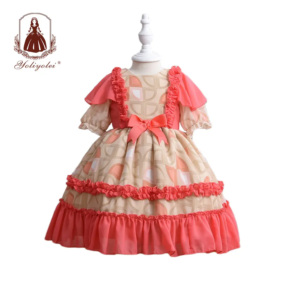 Boutiques 3pcs Infant Baby Dresses Vintage Orange Girl's Dresses Wholesale Kids Spanish Dress Children's Clothes