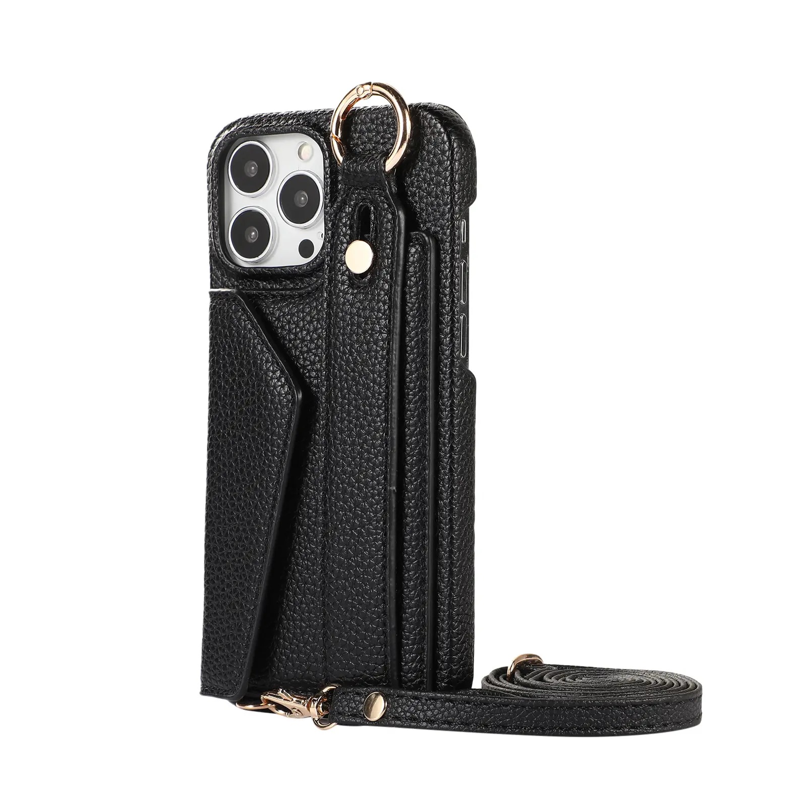 Custodia in pelle di lusso con supporto da polso cavalletto custodia per telefono in pelle PU cordino borsa per iPhone 13 14 15 Pro Max