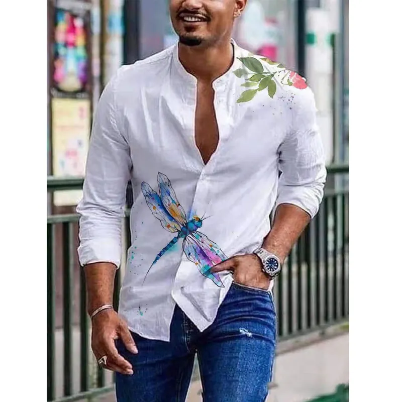 Camisas de manga larga con estampado Vintage para hombre, camisa holgada de lino de imitación con botones finos, ropa informal de talla grande para primavera y verano