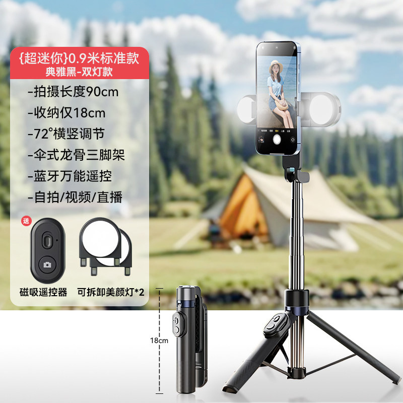 Mini bâton de selfie caché A08D (noir) avec deux lumières de beauté