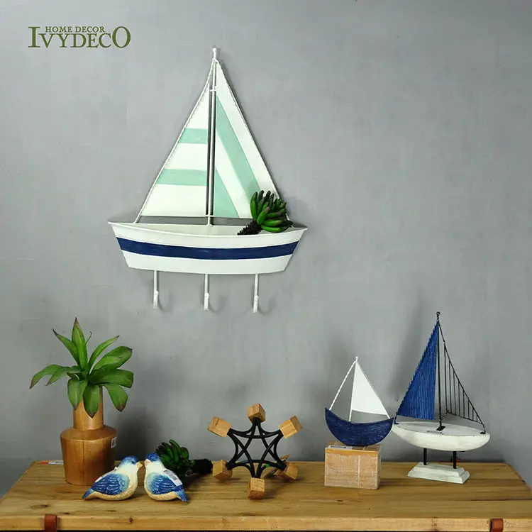 Ivydeco cabide de parede estilo oceano, decoração de metal para parede de 3 ganchos de barco, expositor de casaco toalha, gancho de parede, arte de praia