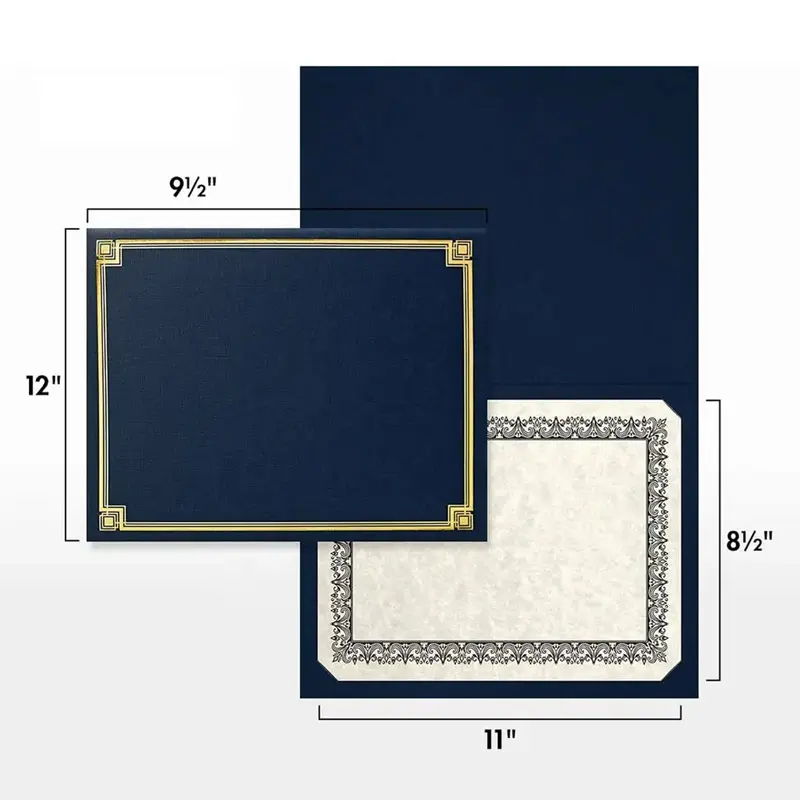 Carpeta de cubierta de diploma personalizada azul náutico con lámina de oro tamaño 9 1/2x12 soportes de certificado de papel pliegue de archivo de documento