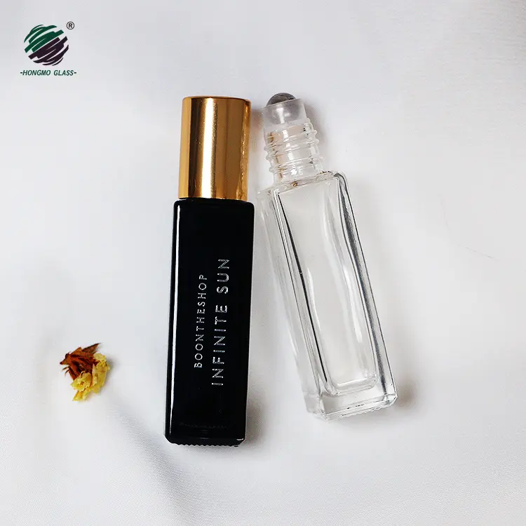 Lujosa botella de cristal con rodillo de metal para perfume, frasco cuadrado transparente de 10 ml, 10 ml y 1/3 oz, para aceites esenciales