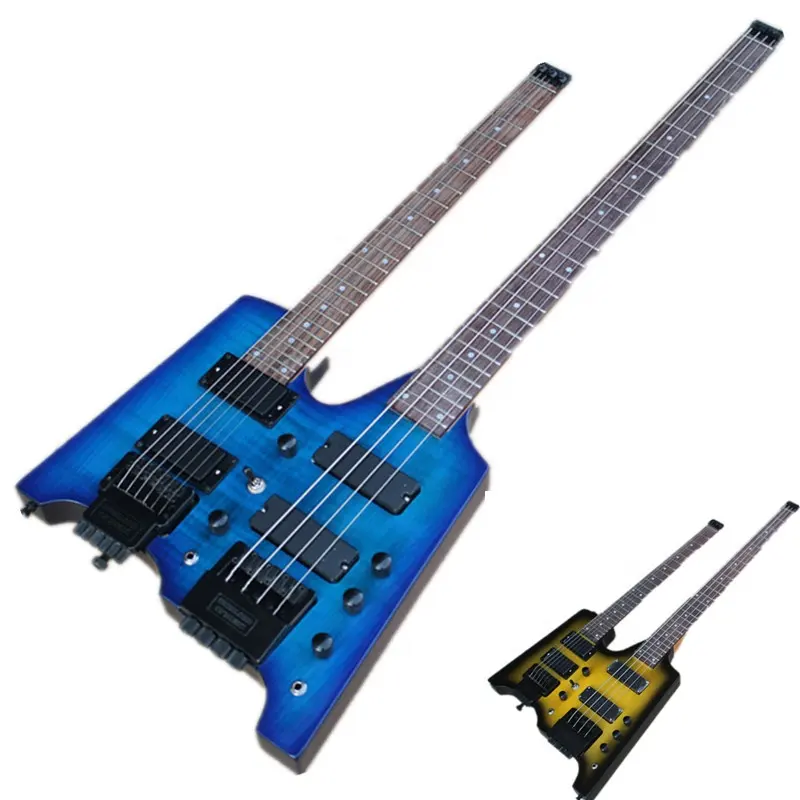 Huiyuan-guitarra eléctrica de bajo sin cabeza, 6 + 4 cuerdas, azul/amarillo, con Hardware negro, doble cuello