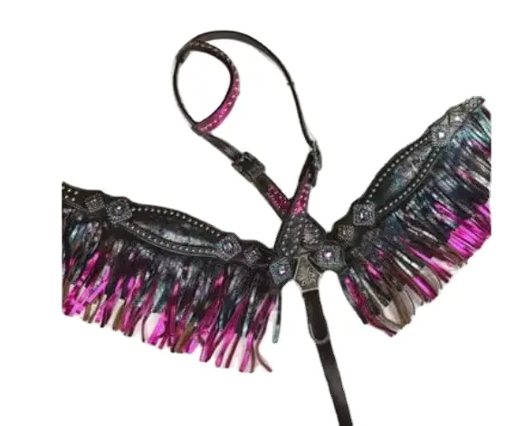 Metalik pembe Galaxy Fringe set seti Headstall & Breastplate saçaklar inek derisi deri İngilizce at yarışı ürünleri hindistan'dan