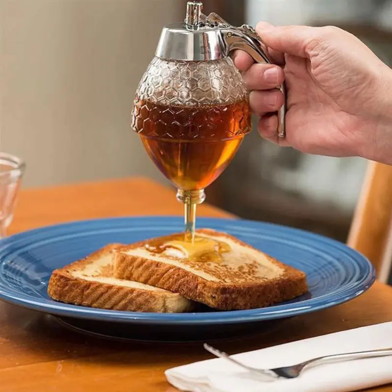 Honey Jar wadah Bee Drip Dispenser madu pemegang kaca saus dapur Pot dengan tutup penyimpanan Jar wadah Kit
