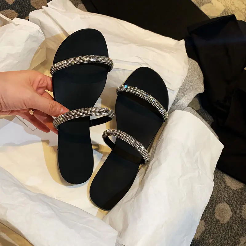 Sandal wanita baru Bling berlian imitasi Flat Cross Sandalias Planas wanita Flat Slides sepatu musim panas
