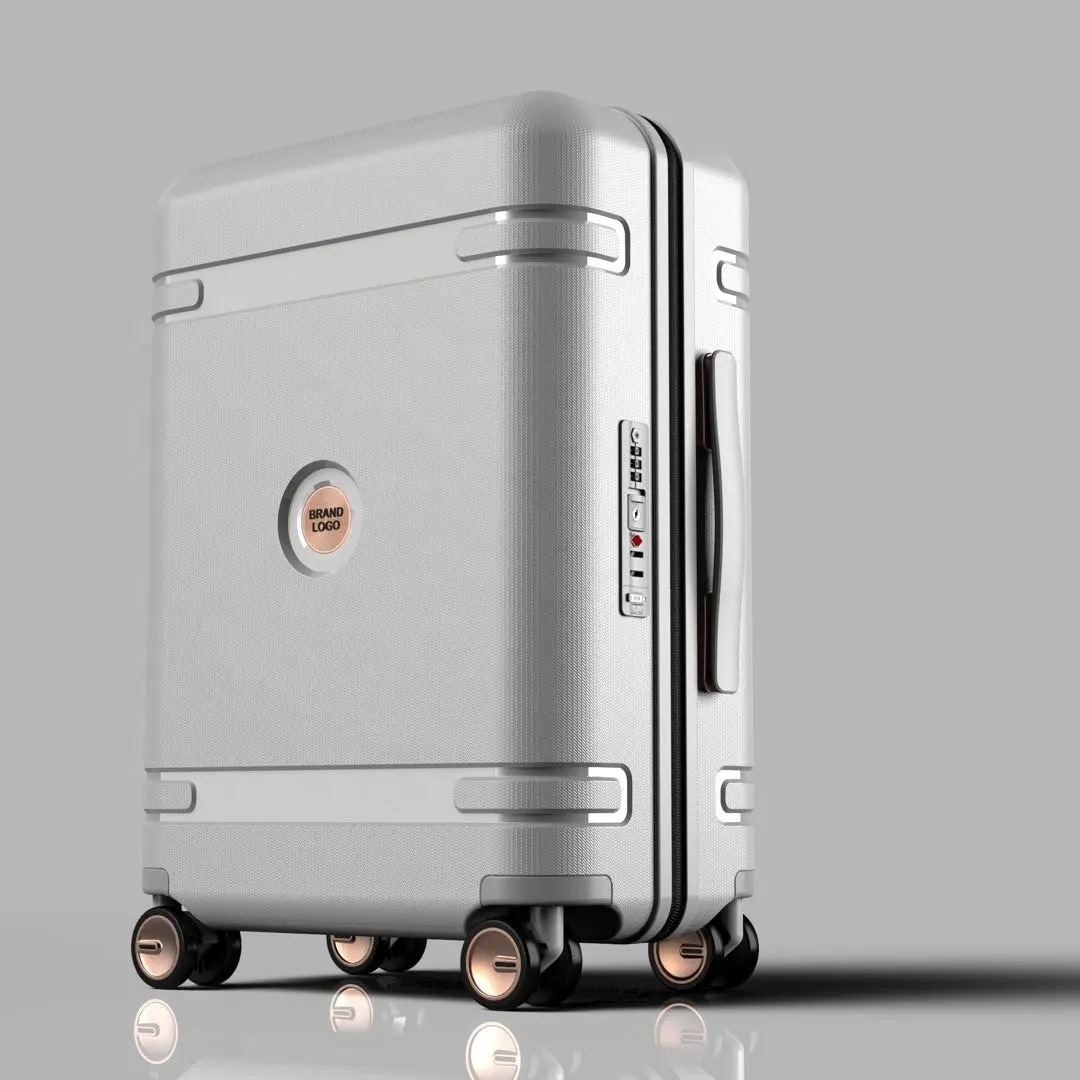 Koffer-Bolsa de equipaje de aluminio con 4 ruedas giratorias de 100% grados, maleta con logotipo personalizado, 360 PP