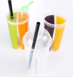 24oz Pp Plastic <strong>Cup</strong> Twins <strong>Split</strong> <strong>Cups</strong> Boba Tea Bubble Tea Double Shared 2 Compartment Juice <strong>Cup</strong> With Lid Custom Logo Print - Product Image 3