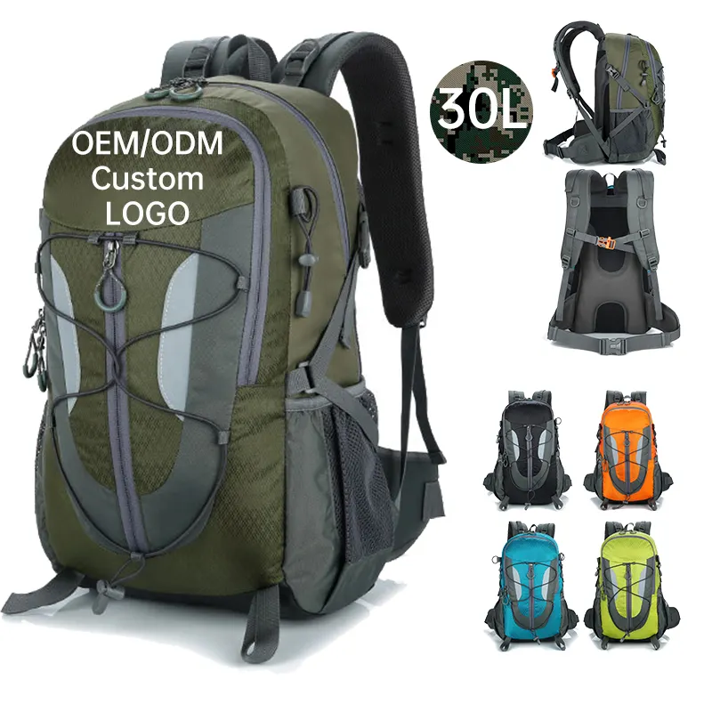 Mochila de viagem com logotipo personalizado de 30L à prova d'água para caminhadas ao ar livre, trekking, acampamento, montanhismo, capa de chuva e mochila