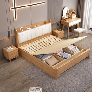 Nordic Style Solid Wood 1.8m Double <strong>Bed</strong> with Soft <strong>Back</strong> &amp; Night Light European Modern 1.5m &amp; 1.2m <strong>High</strong> Box Storage for Home Use