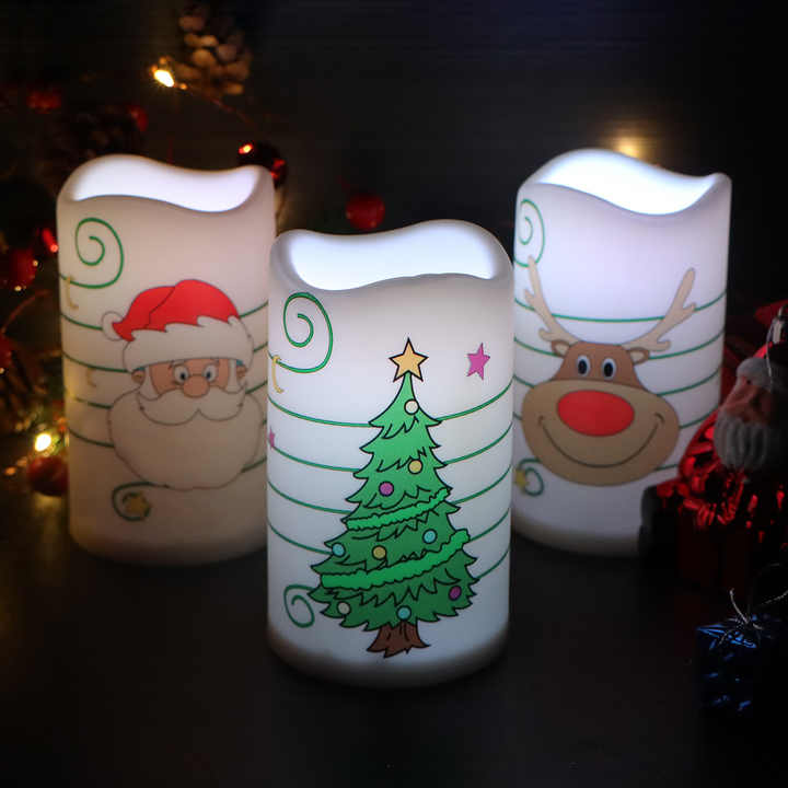 Custom Christmas Light Multiple Patterns Christmas LED Candle Light Decorative Flickering Flameless Candles for Xmas Decor