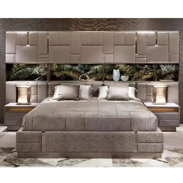 Новейшие роскошные наборы мебели для спальни из натуральной кожи королевская кровать