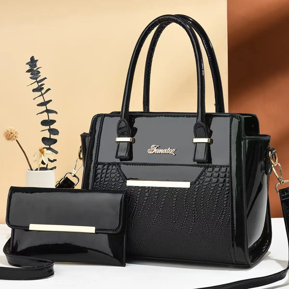 Sequin leather 2 pieces set handbags shoulder bag come with a wallet for women ladies large purses